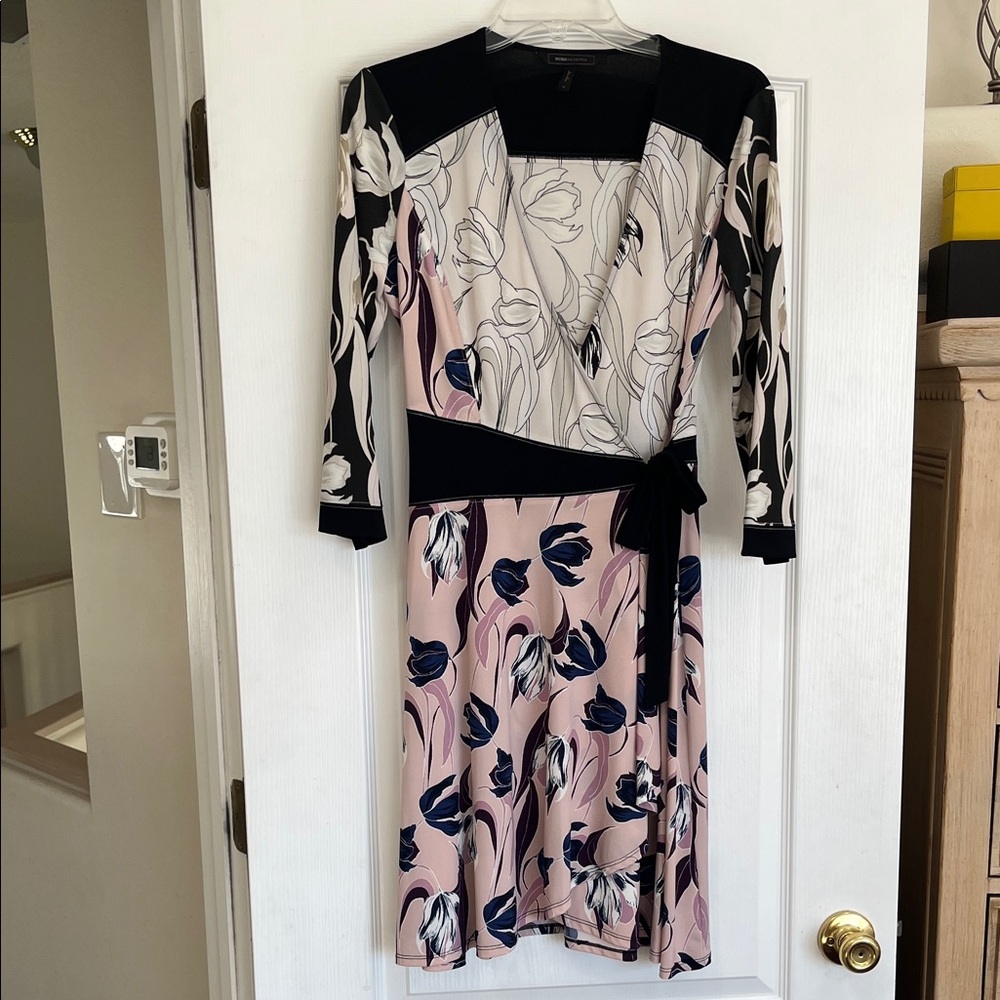 BCBGMaxAzria Floral Wrap Dress in Black and Pink, M